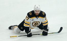 B’s John Moore meets the media following OT win over Islanders